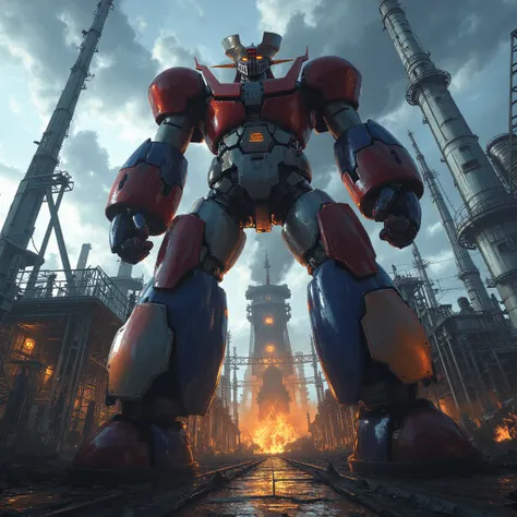  Modified Mazinger Z ,  Mazinger Z is 100 meters tall.   is built with modern materials such as steel ,   Carbon Fiber  ,   Other industrial elements are also visible  ,  Just like the real thing  ,   I'm standing in front of a tall tower where high voltag...