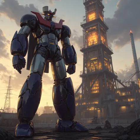  Modified Mazinger Z ,  Mazinger Z is 100 meters tall.   is built with modern materials such as steel ,   Carbon Fiber  ,   Other industrial elements are also visible  ,  Just like the real thing  ,   I'm standing in front of a tall tower where high voltag...