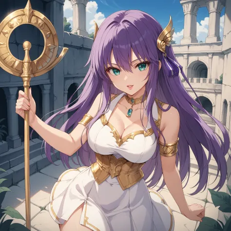 Score_9, Score_8_up, Score_7_up, Score_6_up, source_anime, (s40r1k1d0), Saori o Saint Seiya, Leaning on one side, dark aqua eyes, purple long hair, tight clothing, (sleeveless  white v-neck dress), gold choker, gold belt, gold armband, golden staff, golden...