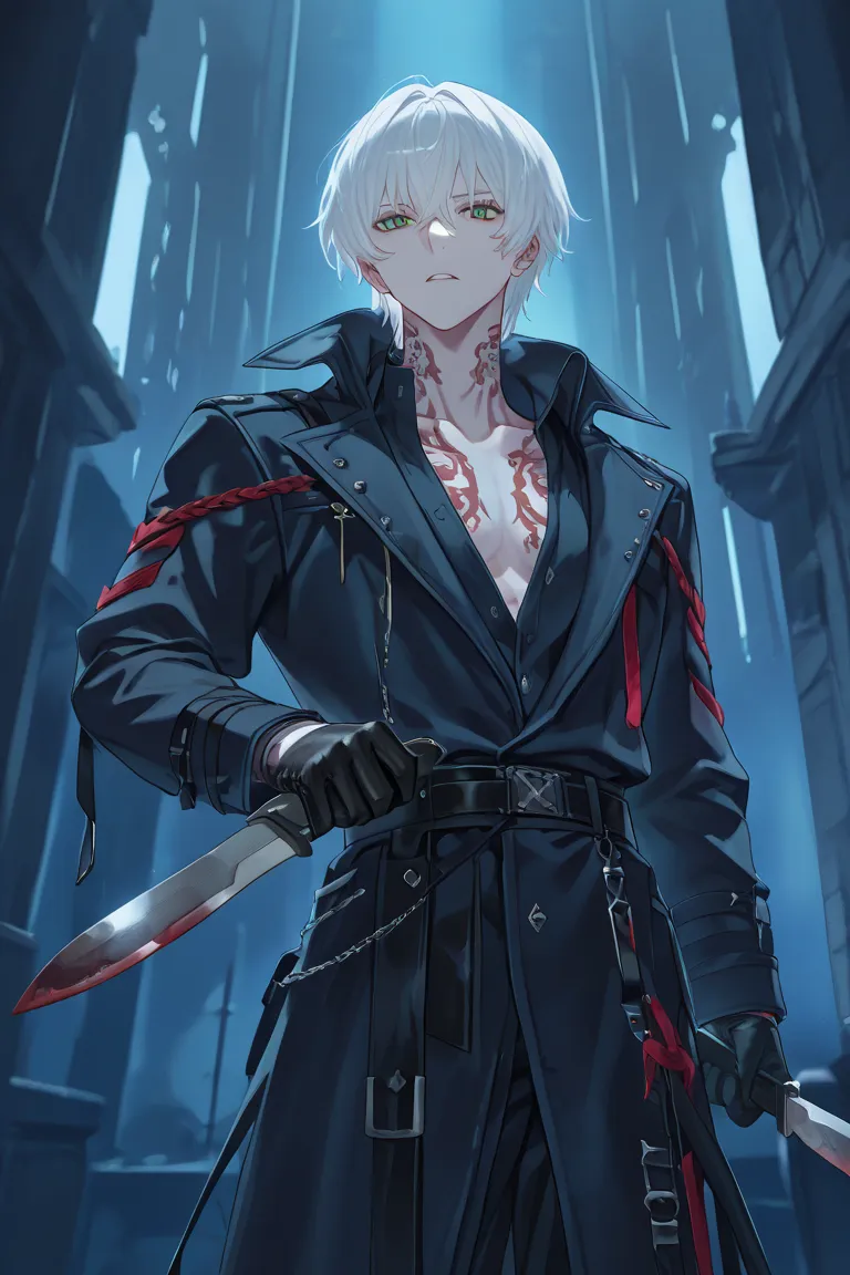  a male character, white hair with red details,  blue, big black coat,  holding a knife,  green eyes, Black glove,  neck tattoo