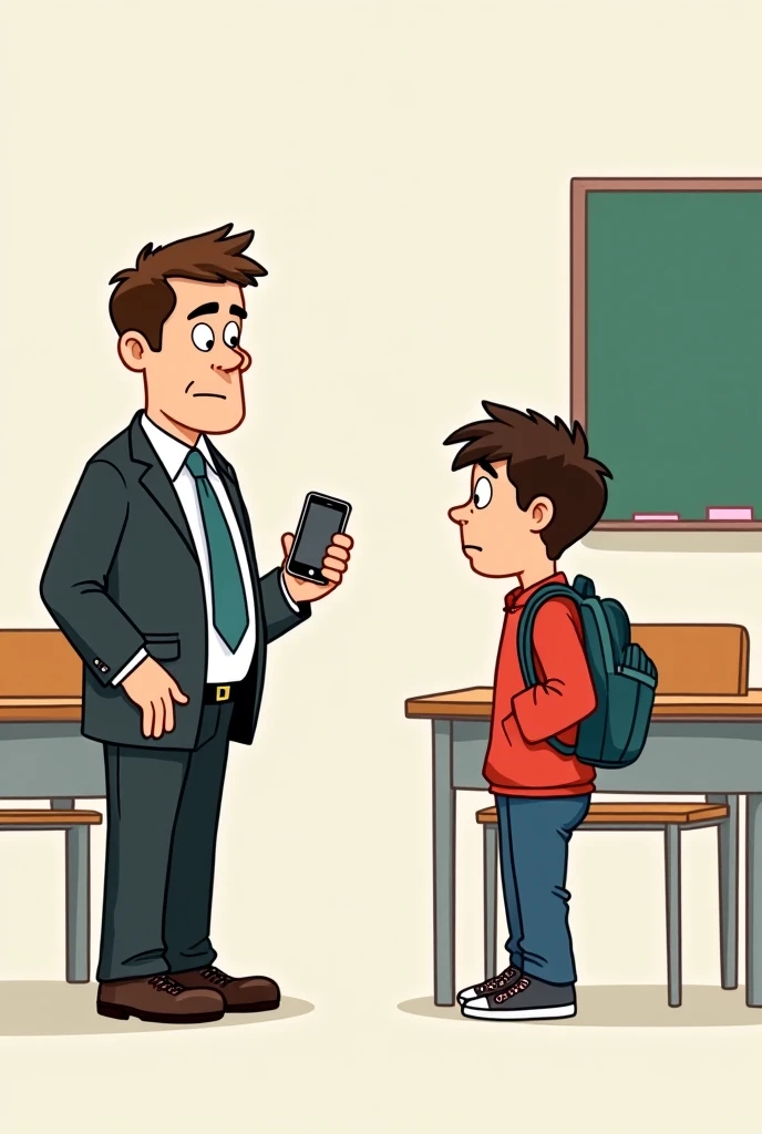 Create a cartoon( social criticism )About the ban on cell phones in schools. (detail:with a teacher confiscating a student's cell phone, with a simple image, beautiful and easy and quick to draw).