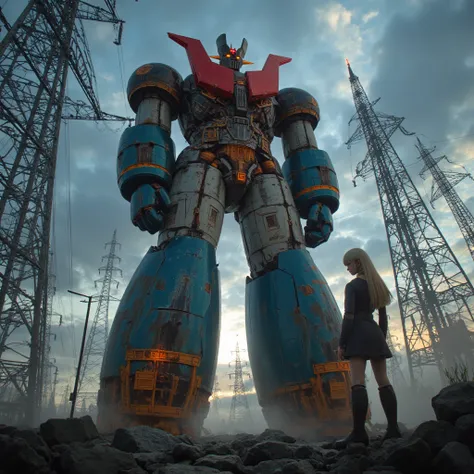  Modified Mazinger Z ,  Mazinger Z is 100 meters tall.   is built with modern materials such as steel ,   Carbon Fiber  ,   Other industrial elements are also visible  ,  Just like the real thing  ,   I'm standing in front of a tall tower where high voltag...