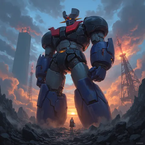  Modified Mazinger Z ,  Mazinger Z is 100 meters tall.   is built with modern materials such as steel ,   Carbon Fiber  ,   Other industrial elements are also visible  ,  Just like the real thing  ,   I'm standing in front of a tall tower where high voltag...