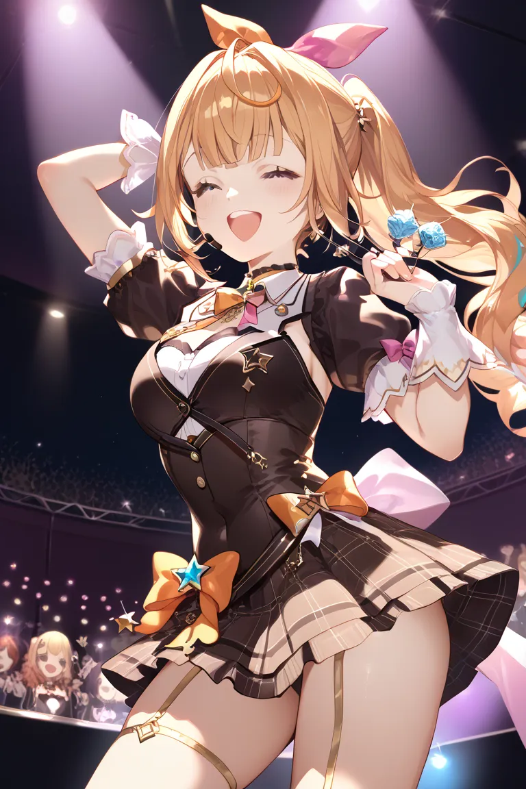  Nijisanji, hololive, Hoshikawa Sarah,high resolution,  anatomically correct,  textured skin,  Gold,  ponytail,  thighs, smiles,  happy/joy, smiles, Cinematic Angles, idol,Costume, short skirt, idolのコンサート, stage, singing