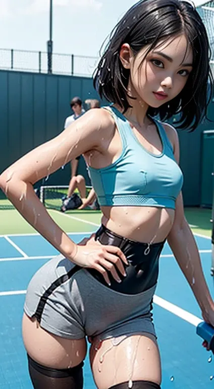 Posing on the tennis court  、 beautiful woman wearing  fitted gray shorts and a white vest,   tights suit  ,  Striking a sexy pose with a slim waist and a thick waist ,   big breasts、 Slim waist,   fits waist ,  Rear View, Slender woman, Healthy women,   f...