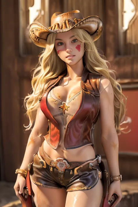 
((top quality)),( super high resolution),( super detailed),( detailed description),((BEST CG )),( Masterpiece),highly detailed art,(Accurate Detailed Art:1.5),( cowgirl:1.8),( blonde wavy hair :1.6),( red eyes:1.6),smile:1.4,(Tight Athletic Figure:1.6),( ...