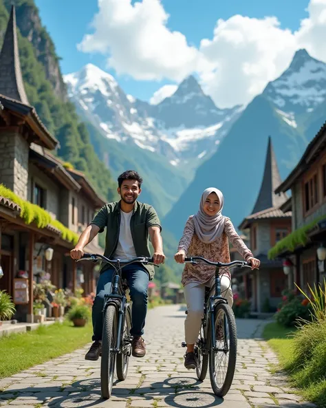 Close up real of Young Indonesian couple, smile and look at camera,a 29 year old man wearing casual clothes and a beautiful slender woman wearing a floral tunics and hijab, they are both posing on their respective bicycles while their feet are on the groun...