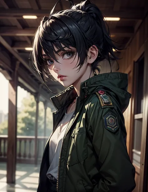 Brown androgynous person, dark blue hair, black eyes, wears military green jacket with closed white blouse, hunter pants. She is determined, but a little insecure. Non-realistic anime traits

