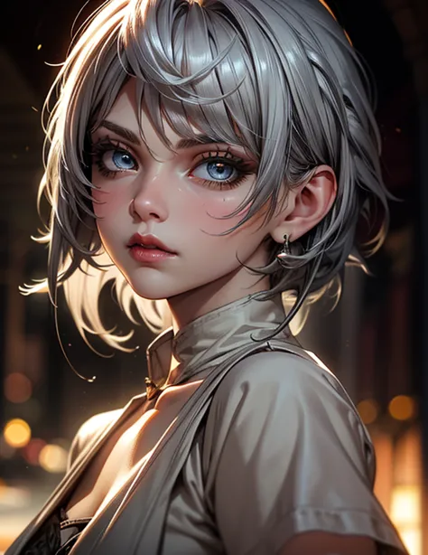 (best quality, masterpiece), 1girl, beautiful girl, brown_eyes, ((hair color [Silver hair], [pixie cut with bangs] hair)), earrings, lips, short sleeves,realistic, narrow waist, charming, colorful makeup, long eyelashes, fair skin, (cute), (detailed face),...