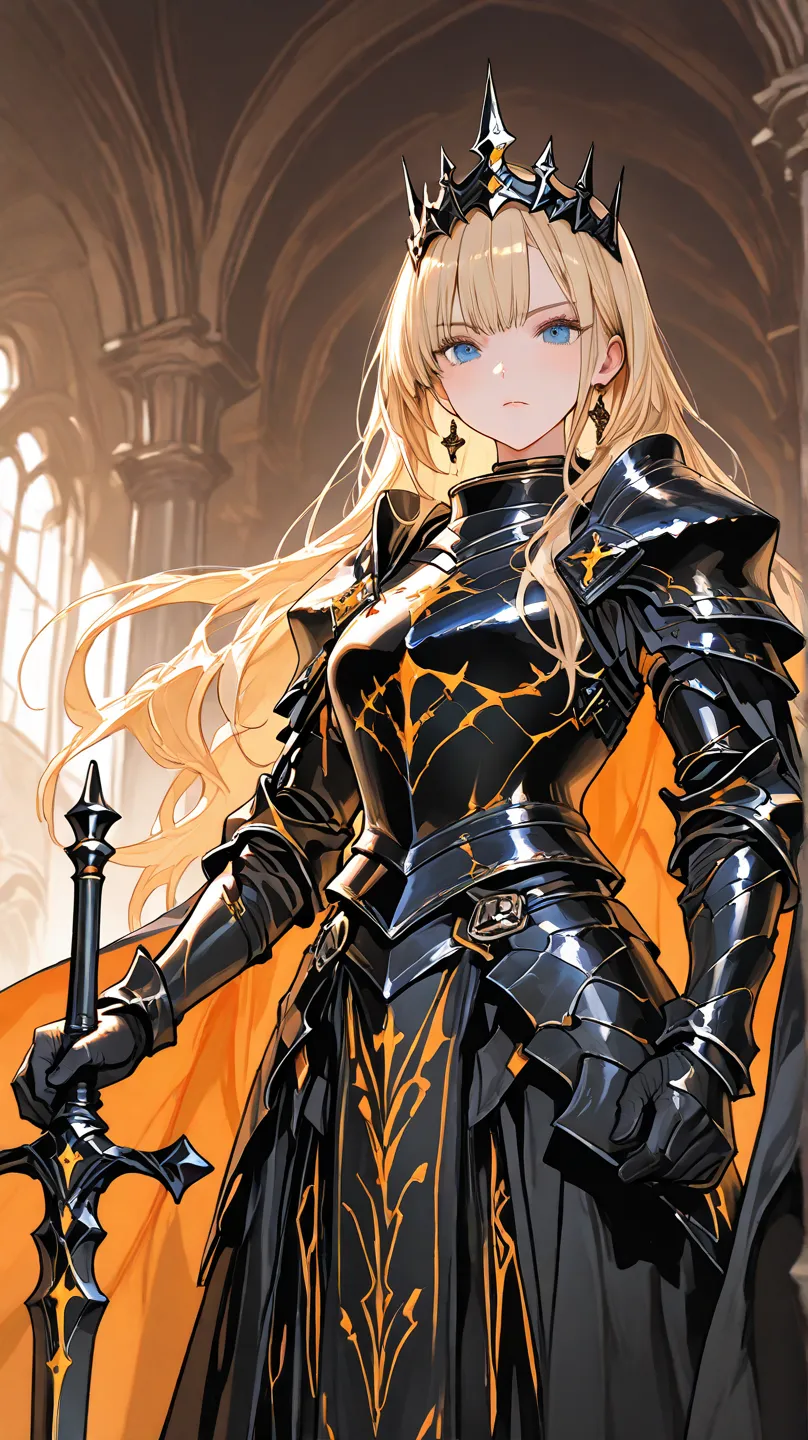   BLONDE WOMAN, black armor, Black pointed tiara crown, black sword with orange foil, bright orange details on the armor