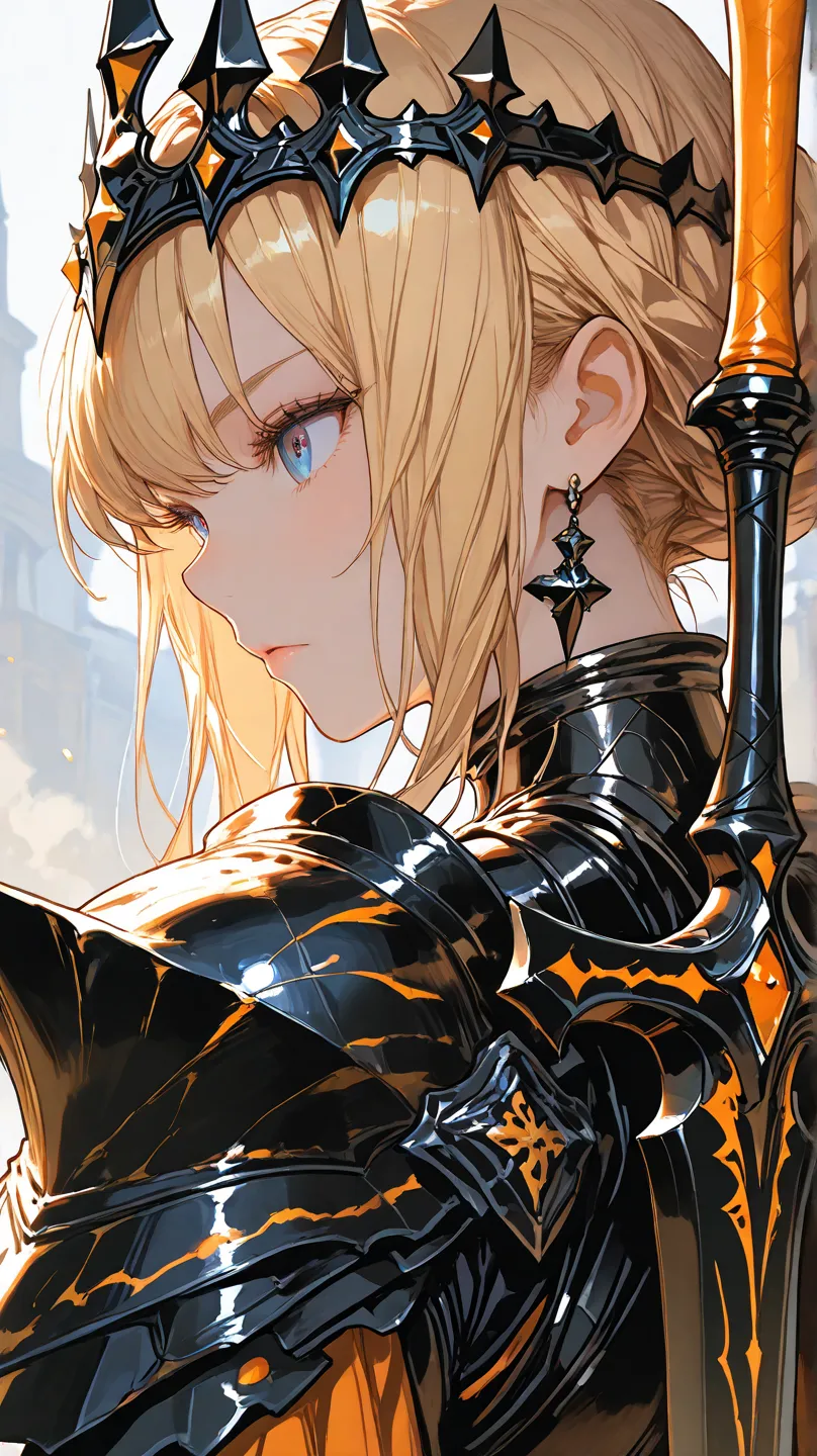   BLONDE WOMAN, black armor, Black pointed tiara crown, black sword with orange foil, bright orange details on the armor