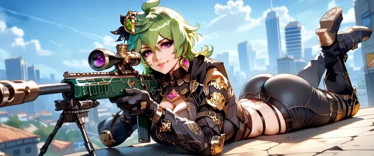 ultra-detailed, 1girl, solo, colleidef, ((masterpiece)), (best quality), (highres), 16K, green hair, medium hair, purple eyes, hair ornament, hair between eyes, ahoge, earrings, single earring, jewelry, wearing tactical clothes, gloves, black gloves, black...