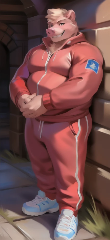 Solo, male Tall​ ,huge​ body​,​ standing​ ,den , Pink bear pig,pink Tracksuit soldier , Wear combat shoes, overweight, muscular, Smirking ​, by chunie