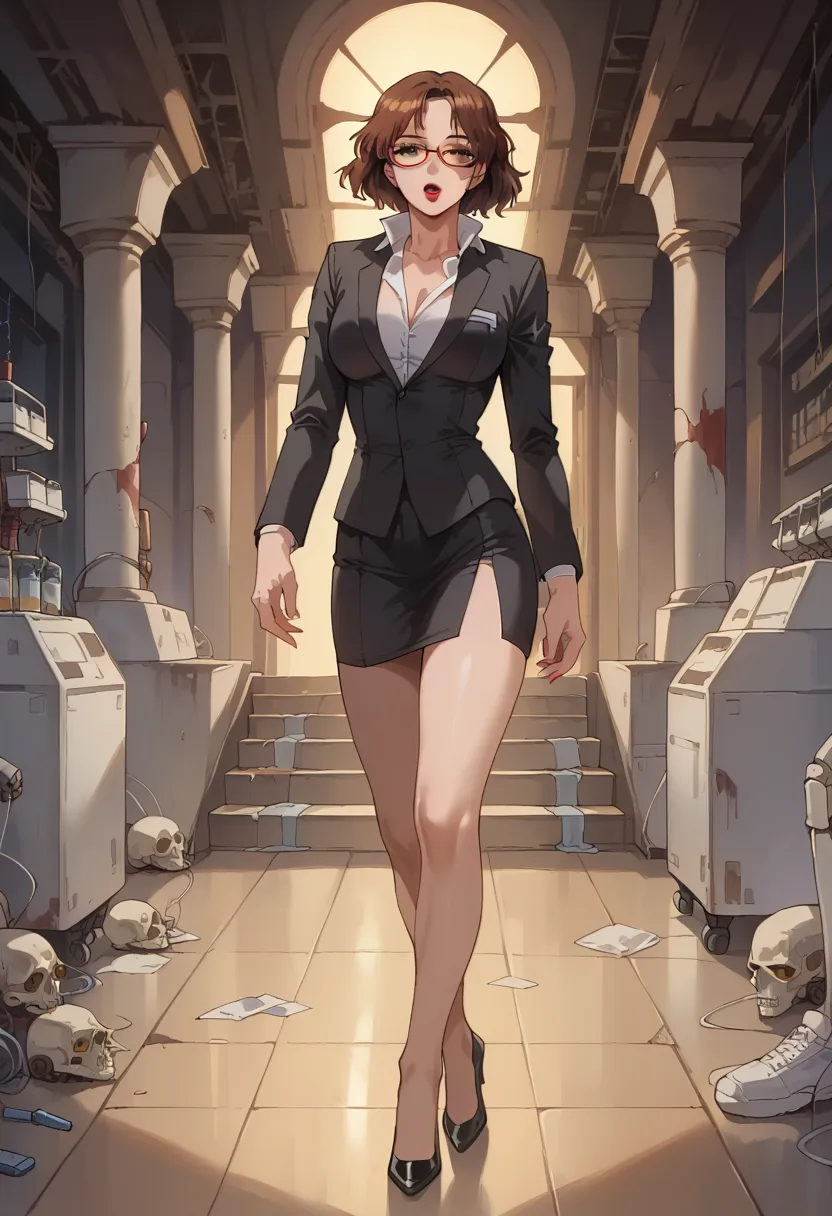   sexy woman,  bob hair,  brown hair,  red glasses,  eye closed ,  dark eyes,  red lipstick,  small boobs,  curvaceous,   white formal shirt,  black skirt,  black formal jacket,  black formal shoes, Walking through an abandoned laboratory , I got electrocu...