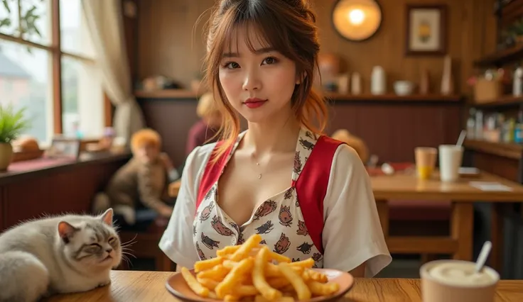 a concept cafe, rustic atmosphere, cute and pop decorations on the wooden walls, many cats are relaxing on the couch, an elegant yound-adult woman gets to feed me sausages and french fries, wearing warm cafe staff uniform illustrated with a cat, short bob ...