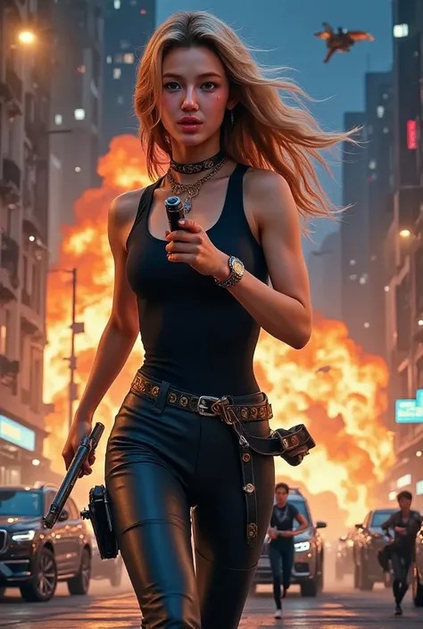  a woman ,blue eyes black eyebrows blonde hair, wearing black tank top, black leather pant, holding gun, in action shooting her gun at the enemy while sprint so fast from explosion, explosion behind her, cars burning ,building explodes, debris fly everywhe...