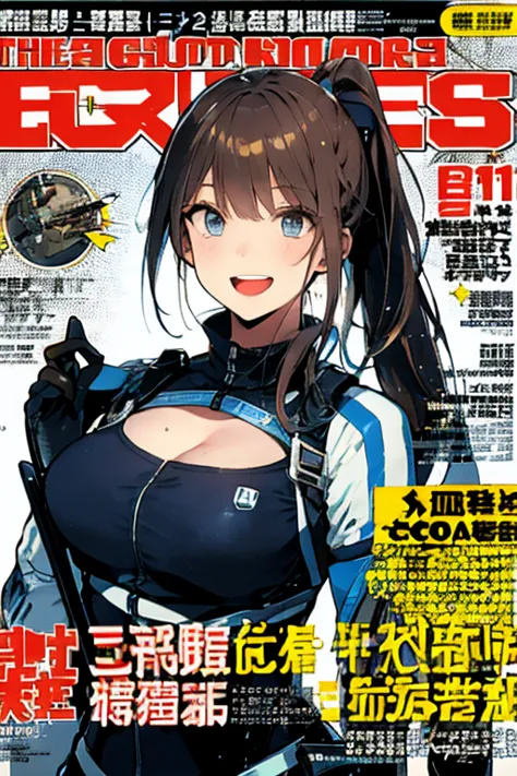 (from below:1.2, best quality ),1girl, solo, perfect, best quality, masterpiece, beautiful, pretty,female orbital drop shock trooper, green combat suit, futuristic body armor, large breasts, cleavage, cargo pants, long brown hair, ponytail, blue eyes, tact...