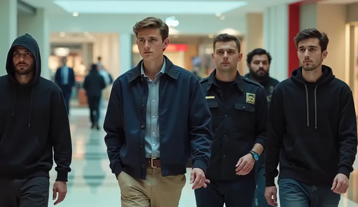 A young man, Barron Trump, with neatly styled light brown hair, walks confidently through a modern shopping mall. He is dressed in a dark blue jacket, a light shirt and beige pants, with a concentrated expression on his face. Next to him, a age security gu...