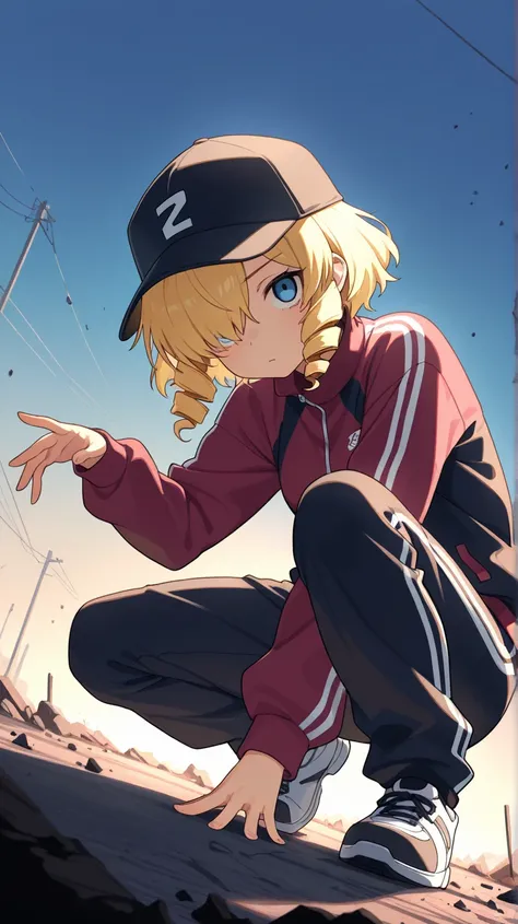 (score_9, score_8_up, score_7_up), ultra-detailed, detailed face, focus on upper body, dynamic angle, dutch angle shot, (looking at viewer), 

Solo, a girl, black baseball cap, blonde, short hair, drill hair, drill sidelocks, hair over one eye, blue eyes, ...