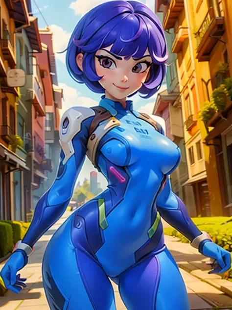 ((Masterpiece, best quality)), ((1girl)), ((solo)), Juno_Overwatch_2, bob cut hair, purple hair, bangs, brown eyes, long eyelashes, blue bodysuit, Zero Suit, cute face, wide smile,