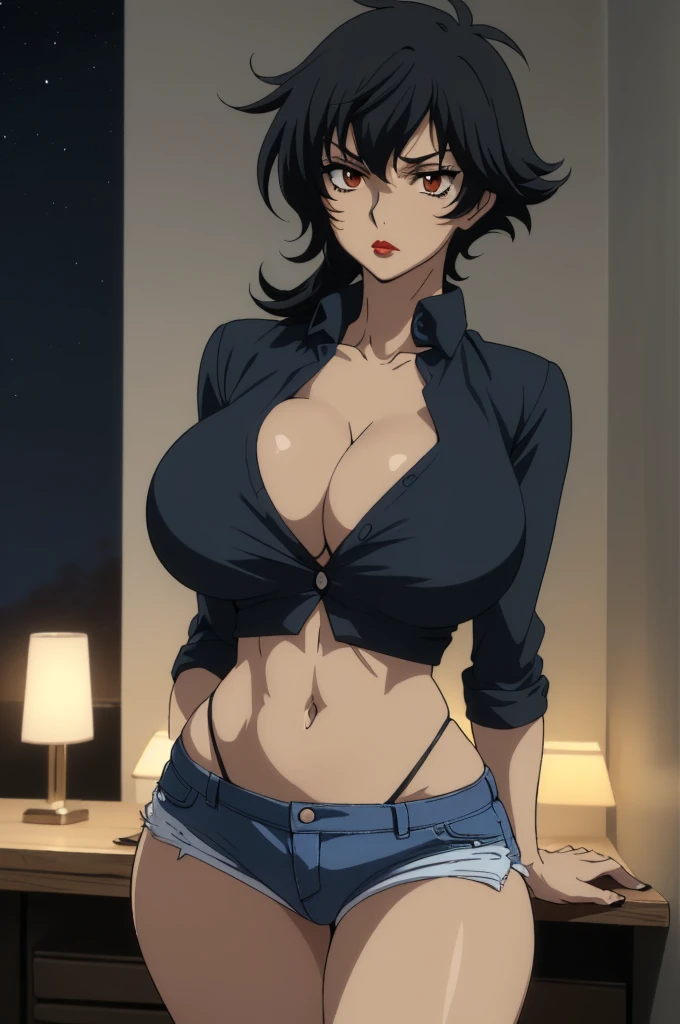 closed mouth, (), ((1girl)), ((((solo))), (((alone))), (((genderbend))), (((female))), wide hips, thick thighs, huge breast, narrow waist,  ((blue top)), ((cleavage)), (jean mini shorts), ((anime artstyle)), long eyelashes, ((long black hair)), (prostitute...