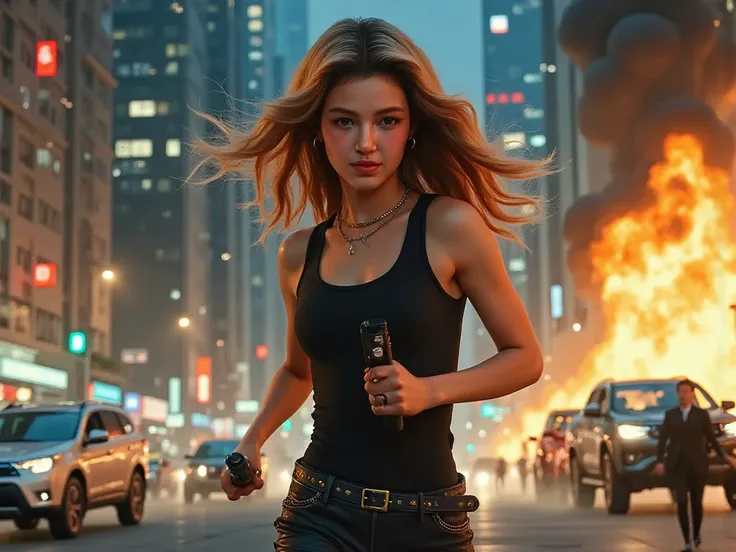  a woman ,blue eyes black eyebrows blonde hair, wearing black tank top, black leather pant, holding gun, in action shooting her gun at the enemy while sprint so fast from explosion, explosion behind her, cars burning ,building explodes, debris fly everywhe...