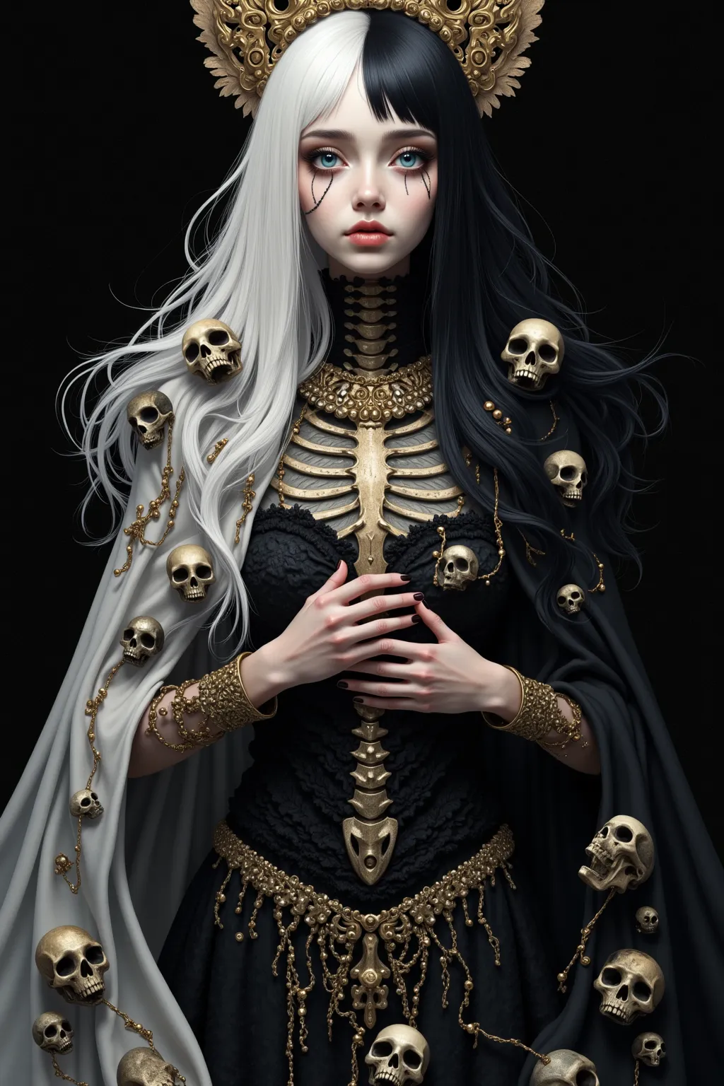   Create the cover of a book called Chiaroscuro，The book was created by a goddess carrying the light and darkness of the underground sky. Half white hair，half full body black hair，Skeletons everywhere

