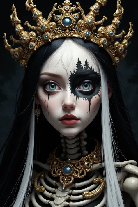   Create the cover of a book called Chiaroscuro，The book was created by a goddess carrying the light and darkness of the underground sky. Half white hair，half full body black hair，Skeletons everywhere

