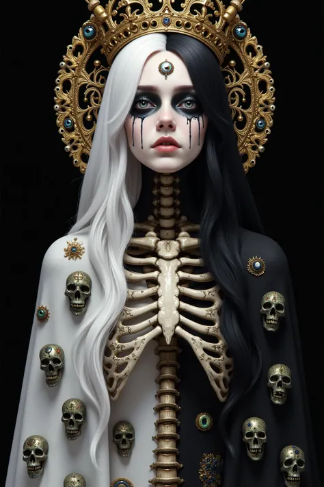   Create the cover of a book called Chiaroscuro，The book was created by a goddess carrying the light and darkness of the underground sky. Half white hair，half full body black hair，Skeletons everywhere

