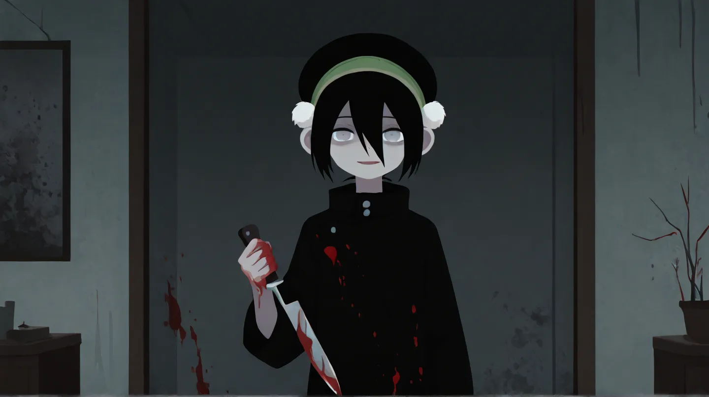 no lineart,no outline,
1girl, toph, bangs, black hair, blind, grey eyes, hair between eyes, hair bun, hairband, short hair ,
ruanyi0708,blood splatter,indoors,  Blood on hand, blood on clothes, crazy face, cold eyes, holding a blood covered knife  ,  Pale ...