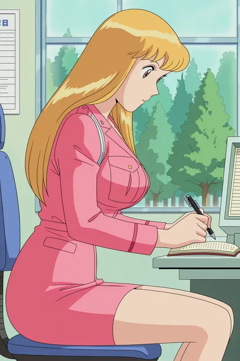  masterpiece, top quality, , anime screenshot,  anime coloring,  official style, uncensored,1 girl, Alone,
 from side, police station, indoor, transaction machine, Office Chair, window, forest, the way,  
break (Kochikame, Akimoto Reiko , brown eyes on the...