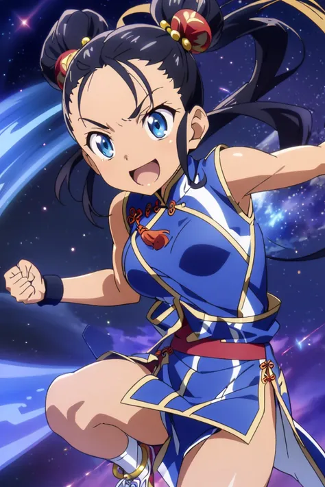  1girl ,Alone,Strong-willed,Winning spirit,chinese clothes,china dress,sleeveless,black hair,long hair, blue eyes,slant eyes,hobby anime,anime,smile,sporty,breasts,twintail,furturistic,Space,full body,open mouth,blue dress,bangs between eyes,sidelocks,figh...