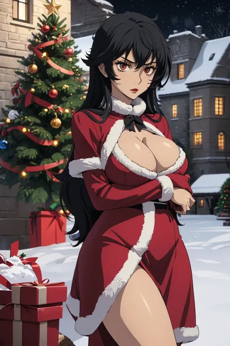 best quality, ultra-detailed, best illustration, masterpiece, high res (1girl:1.3), (large breast:1.5), closed mouth, (21 years old), ((1girl)), ((((solo))), (((alone))), (((genderbend))), (((female))), wide hips, thick thighs, narrow waist, ((red Christma...