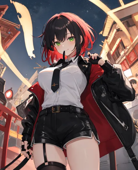  masterpiece,  the best quality ,  cowboy shot , Alone , 1 girl, yui ,  smile, looking at the spectator, Standing,  finger in the mouth ,  index raised,  bicolor hair ,  black hair , red hair,  red bangs,  feet ,  green eyes ,  torn clothes, Leather trim, ...