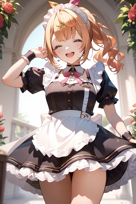  Nijisanji, hololive, Hoshikawa Sarah,high resolution,  anatomically correct,  textured skin,  Gold,  ponytail,  thighs, smiles,  happy/joy, smiles, Cinematic Angles, Maid Outfit, short skirt,noble