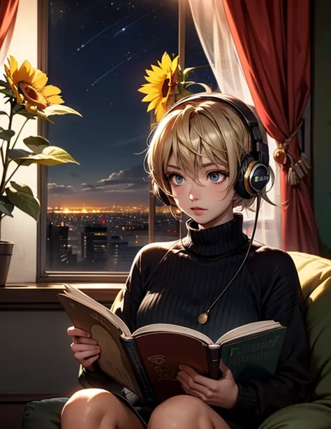 A detailed anime girl, wearing a large sweater, wearing headband headphones, lofi, tranquil, quiet vibes, chilling, in her living room reading, A large window with a view over the city, city skyline visible outside, quiet night, cat, masterpiece, best qual...