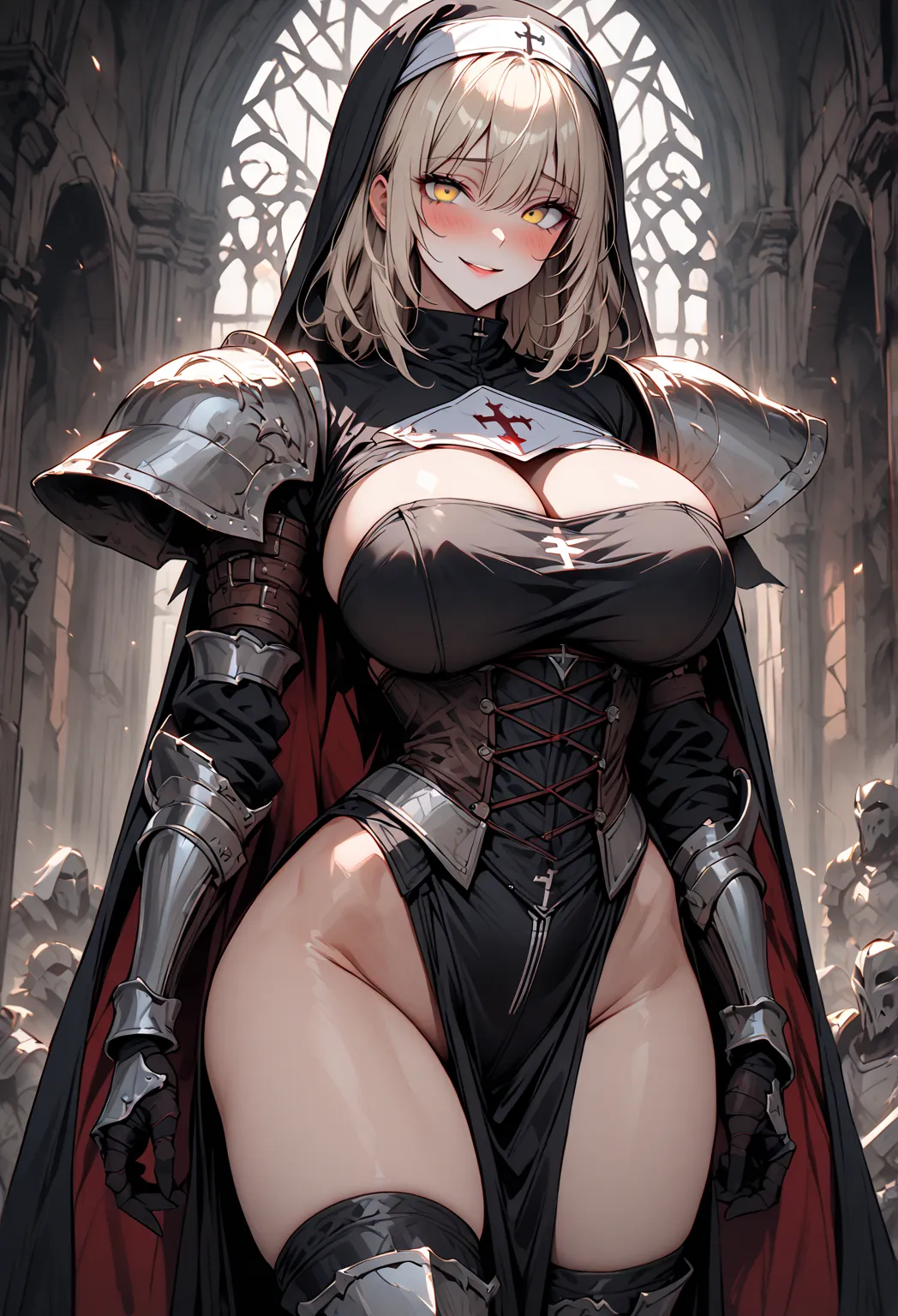 solo, shemale with a penis and big balls,hentail, tall, cowboy shot, nun habit, armor, knight, armor corset, thigh boots, yandere, huge breasts, very short hair, straight hair, platinum blonde, long legs, thighs, light yellow eyes, smile, cute hair bow, bl...