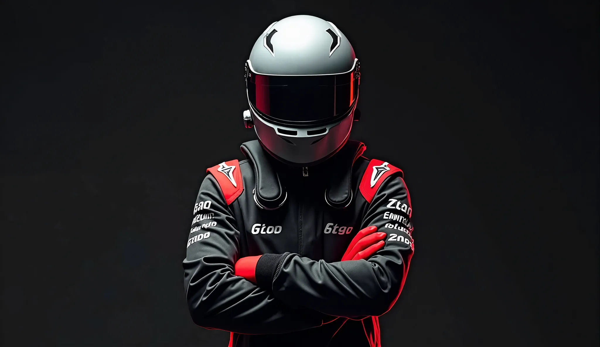  Logo: Driver with Matte grey Zamp helmet. Having black-red suit on . Arms over each other or next to the body.