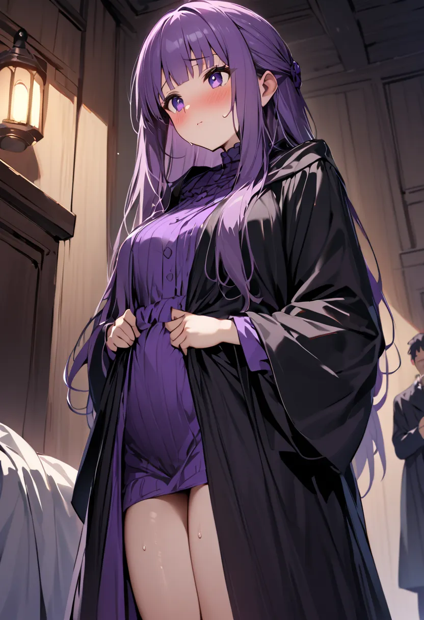 not suitable for work, masterpiece, starry eyes ,High resolution, buttocks,Fern\(Funeral of Frieren\), purple eyes, purple hair shirt, long hair,(High quality transparent robe), embarrassed penis ,blush,expectant face,Night inn, bedroom,( Young men ),A man...