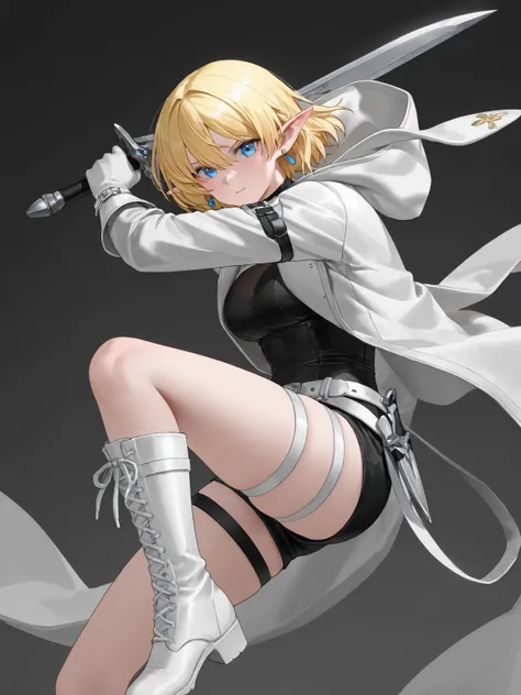 1 girl, Elf、Earrings、less exposure、 Decisive Poses、white leather gloves、Wear a hooded ear、knife、Hold a weapon in the middle、Short boots、Other than black clothes