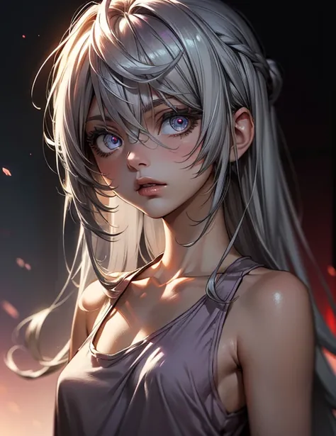 ((masterpiece, best quality)), (1girl, anime girl in retro style),(mature), (solo), (female focus), (grey hair, messy hair, long hair),((pale purple eyes, sharp eyes)) ((exposed shoulder, tank top)), pale skin, evil, vicious, portraits, close up, upper bod...