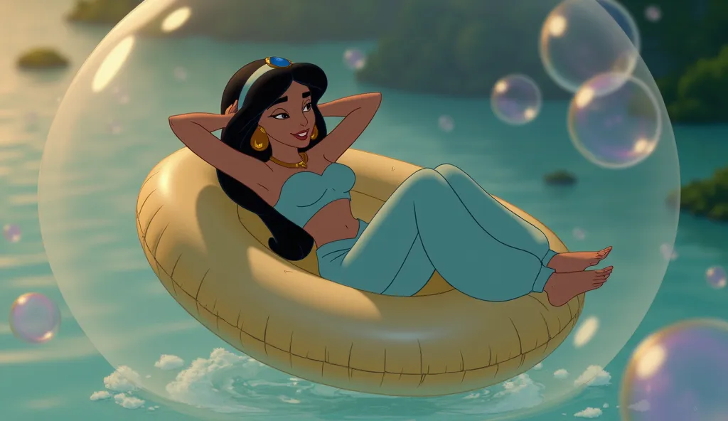 Princess Jasmine, wearing harem pants, lies and relaxes on an inflated bubble, crossing her legs and placing her hands behind her head. An inflatable bubble floats in the air.
