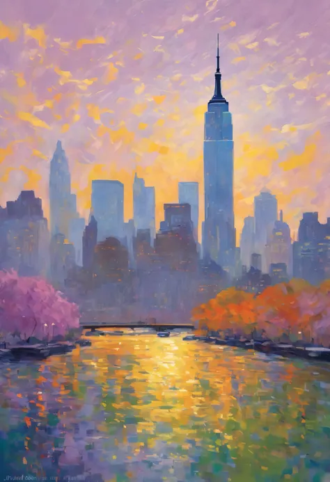 Create an impressionist oil painting depicting the Empire State Building bathed in the warm glow of a summer sunset. Use loose, visible brushstrokes in the style of Claude Monet to capture the fleeting light. Render the skyscraper's Art Deco details with s...