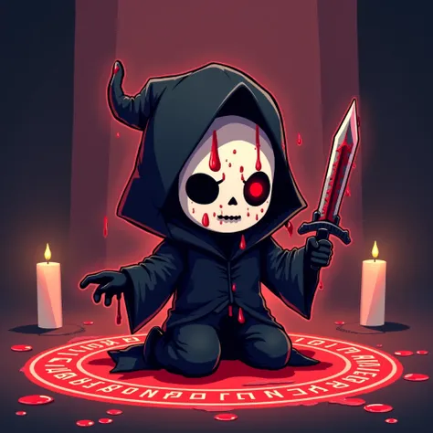 chibi cultist (2-heads ratio), flat anime design, kneeling on glowing blood ritual circle, dark fantasy theme -- 
Character: black tattered cloak > bone-white mask with red cracks > raised ritual dagger > blood drops splashing -- 
Scene: minimalist sacrifi...