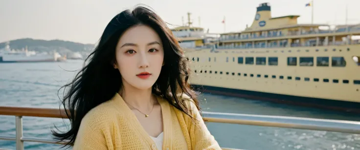 1 girl, alone, Age 30 , happy, Close view ,(adult),semi blonde long black hair, with wind and facing away from the viewer, yellow cardigan, (background is cruiser in port of pier)

