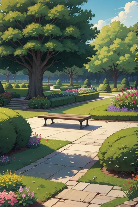 park, square, path, trail, trees, flowers, bushes, park bench, pond