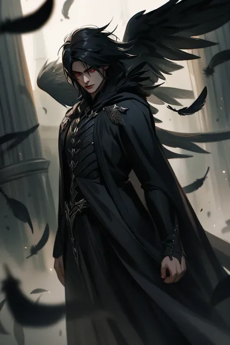 a man with long black hair and red eyes,dressed in all black,black wings,dark,fallen angels,black feathers,villainous look,dramatic shadows,moody atmosphere,dark fantasy,gothic,chiaroscuro,dramatic pose,moody atmosphere