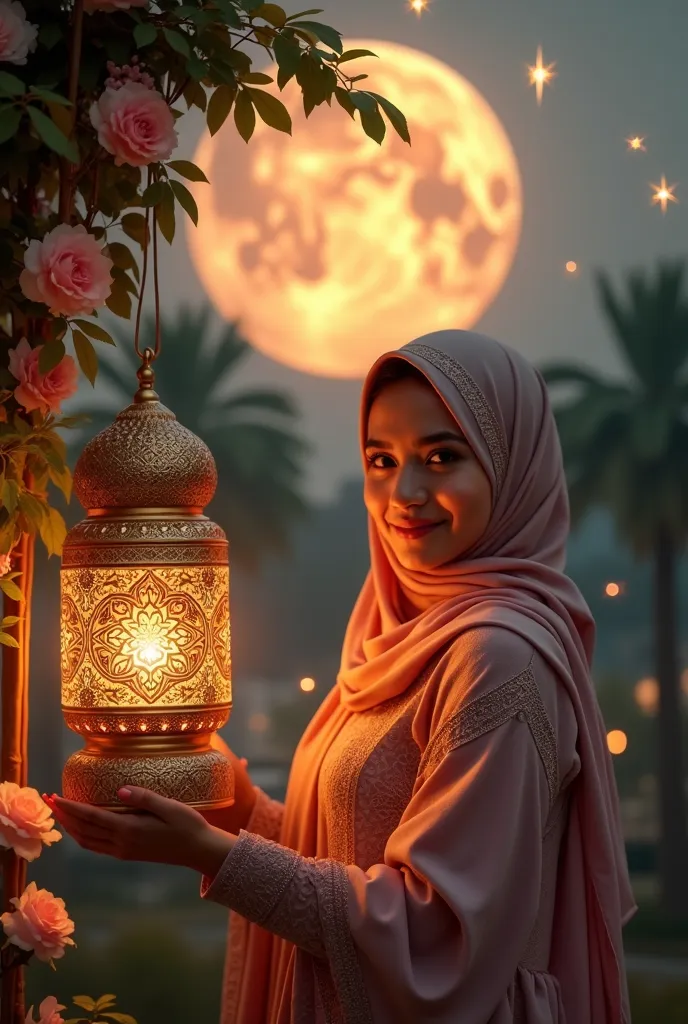 intricate, messy and beautiful, photography, portrait of a beautiful, slightly plump Asian woman, eyes open and smiling at the camera, long hijab covering her chest standing next to an intricately and beautifully carved hanging lantern. Floral background, ...