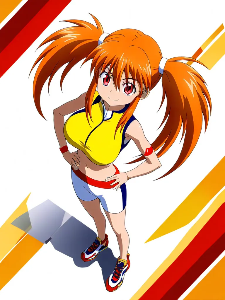  1girl ,Alone,Strong-willed,Winning spirit,midriff,sleeveless,orange hair,long hair,red eyes,slant eyes,hobby anime,anime,smile,sporty,big breasts,twintail,bangs,furturistic,furturistic clothes,full body,right hand on own hip,closed mouth,red and yellow sh...