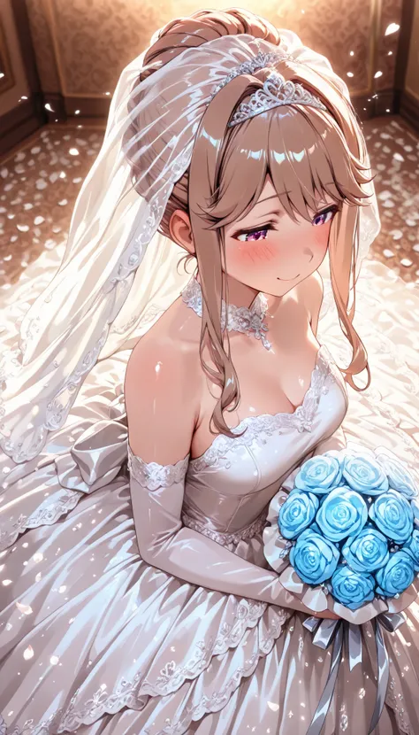 (High resolution, accurate, Best Quality, Anatomically correct, masterpiece, 8k, 16k, Wallpaper), Soft lines, Pale Tones, tenkubashi tomoka, smile, (hold light blue Bouquet), side shot, from above, ((looking down and shyly lowering her eyes)), embarrassed,...